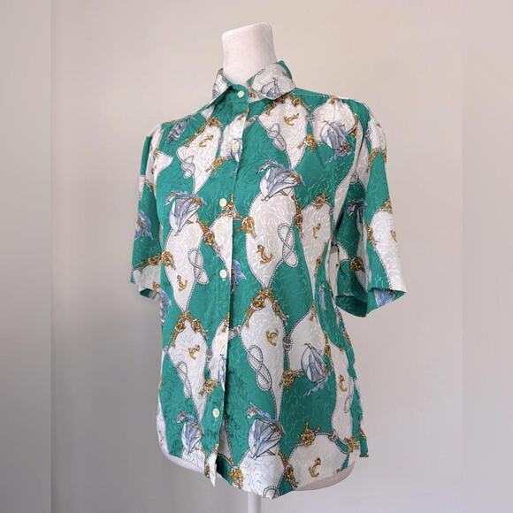 Vintage ‘80s All Hours Sailboat & Anchor Print Short Sleeve Collared Blouse - Picture 2 of 10